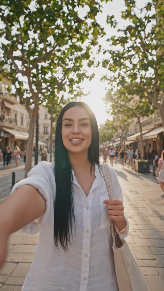 יוצרת תוכן מרססת את הבושם לשיער ברחוב
